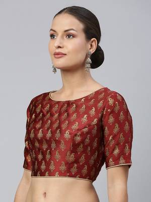 Women Maroon & Gold Ethnic Motifs Jacquard Woven Design Readymade Saree Blouse With Tie-Ups 3