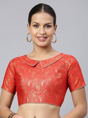 Women Red & Gold Ethnic Motifs Jacquard Woven Design Readymade Saree Blouse With Cut-Out 1
