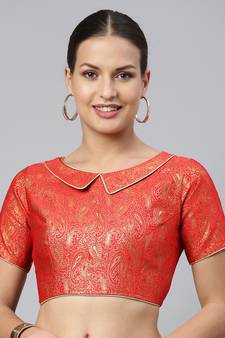 Women Red & Gold Ethnic Motifs Jacquard Woven Design Readymade Saree Blouse With Cut-Out
