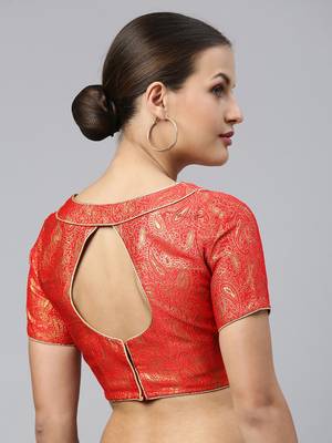 Women Red & Gold Ethnic Motifs Jacquard Woven Design Readymade Saree Blouse With Cut-Out 2