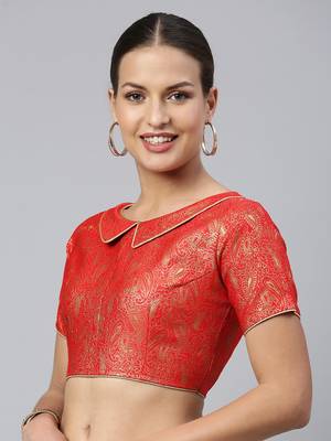 Women Red & Gold Ethnic Motifs Jacquard Woven Design Readymade Saree Blouse With Cut-Out 3