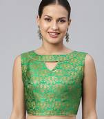 Women Green & Gold Ethnic Motifs Jacquard Woven Design Readymade Saree Blouse With Cut-Out