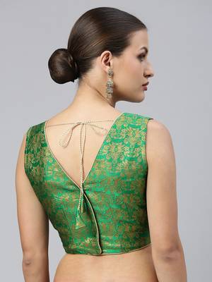 Women Green & Gold Ethnic Motifs Jacquard Woven Design Readymade Saree Blouse With Cut-Out 2