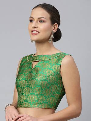 Women Green & Gold Ethnic Motifs Jacquard Woven Design Readymade Saree Blouse With Cut-Out 3