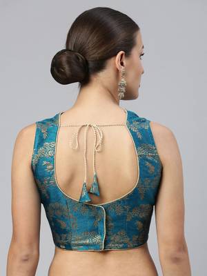 Teal Art Silk Jacquard Woven Readymade Blouse 2