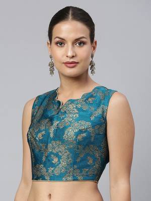 Teal Art Silk Jacquard Woven Readymade Blouse 3