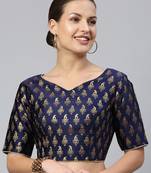 Women Navy Blue & Gold Ethnic Motifs Jacquard Woven Design Readymade Saree Blouse With Tie-Ups