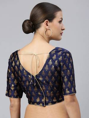 Women Navy Blue & Gold Ethnic Motifs Jacquard Woven Design Readymade Saree Blouse With Tie-Ups 2