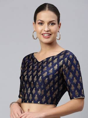 Women Navy Blue & Gold Ethnic Motifs Jacquard Woven Design Readymade Saree Blouse With Tie-Ups 3