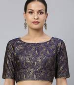 Women Navy Blue & Gold Ethnic Motifs Jacquard Woven Design Readymade Saree Blouse With Tie-Ups