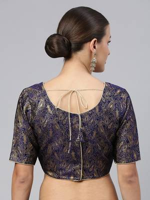 Women Navy Blue & Gold Ethnic Motifs Jacquard Woven Design Readymade Saree Blouse With Tie-Ups 2