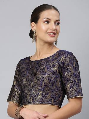 Women Navy Blue & Gold Ethnic Motifs Jacquard Woven Design Readymade Saree Blouse With Tie-Ups 3