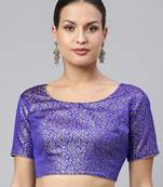 Women Royal Blue & Gold Ethnic Motifs Jacquard Woven Design Readymade Saree Blouse with Tie-Ups