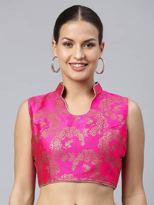 Women Pink Ethnic Motifs Jacquard Woven Design Readymade Saree Blouse With Tie-Ups 1