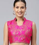 Women Pink Ethnic Motifs Jacquard Woven Design Readymade Saree Blouse With Tie-Ups