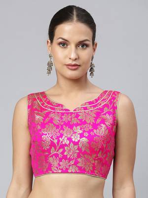 Women Pink Ethnic Motifs Jacquard Woven Design Readymade Saree Blouse with Tie-Ups 1