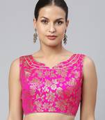 Women Pink Ethnic Motifs Jacquard Woven Design Readymade Saree Blouse with Tie-Ups