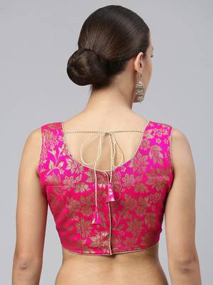 Women Pink Ethnic Motifs Jacquard Woven Design Readymade Saree Blouse with Tie-Ups 2