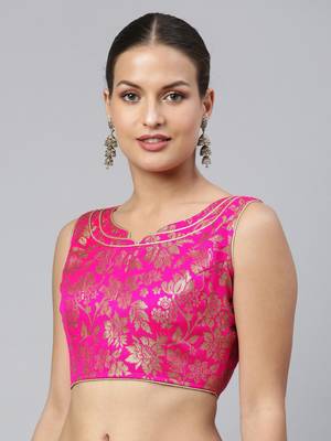 Women Pink Ethnic Motifs Jacquard Woven Design Readymade Saree Blouse with Tie-Ups 3