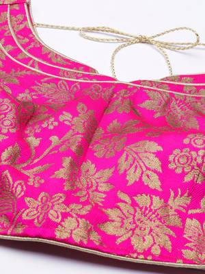 Women Pink Ethnic Motifs Jacquard Woven Design Readymade Saree Blouse with Tie-Ups 4
