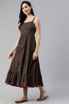 Black printed cotton long-dresses