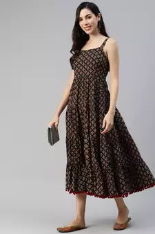 Black printed cotton long-dresses