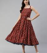 Maroon printed cotton long-dresses