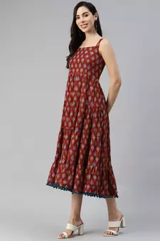 Maroon printed cotton long-dresses