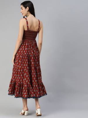 Maroon printed cotton long-dresses 4