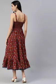 Maroon printed cotton long-dresses