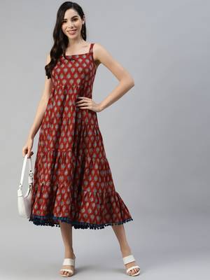 Maroon printed cotton long-dresses 5