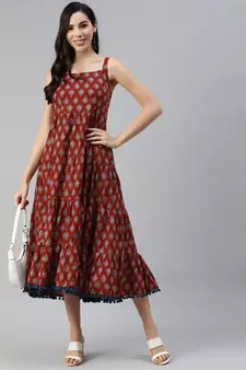 Maroon printed cotton long-dresses