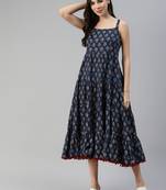 Navy-blue printed cotton long-dresses