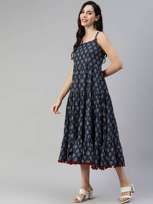 Navy-blue printed cotton long-dresses 3
