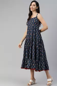 Navy-blue printed cotton long-dresses