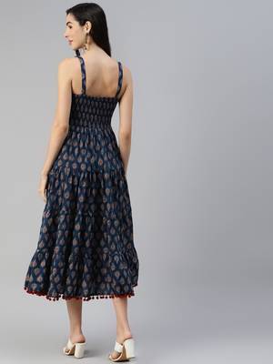 Navy-blue printed cotton long-dresses 4