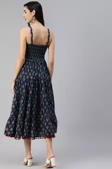 Navy-blue printed cotton long-dresses