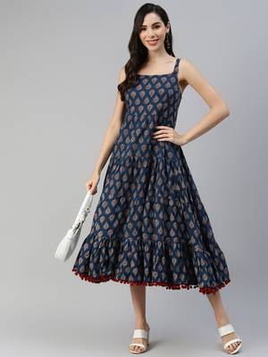 Navy-blue printed cotton long-dresses 5