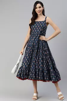Navy-blue printed cotton long-dresses