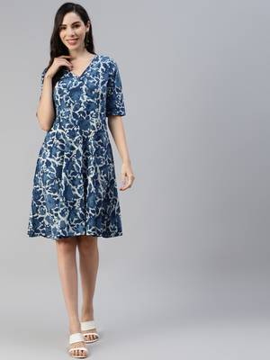Indigo printed cotton long-dresses 1
