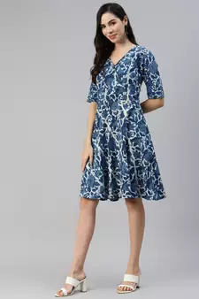 Indigo printed cotton long-dresses