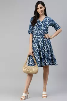 Indigo printed cotton long-dresses