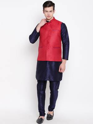 Mag Men's Navy Blue Matching Kurta Churidar With Red Joot Waiscoat For Men (RG-19451-36) 1