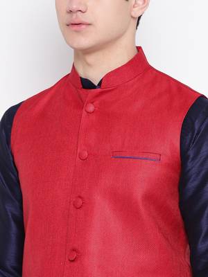 Mag Men's Navy Blue Matching Kurta Churidar With Red Joot Waiscoat For Men (RG-19451-36) 3