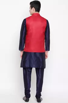 Mag Men's Navy Blue Matching Kurta Churidar With Red Joot Waiscoat For Men (RG-19451-36)