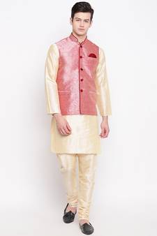 Mag Men's Gold Maching Kurta Churidar With Pink Waiscoat For Men (RG-19454-36)