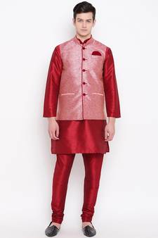 Mag Men's Red Matching Kurta Churidar With Pink Waiscoat  For Men (RG-19456-36)