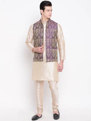 Mag Men's Double Tone Matching Kurta Churidar With  Purple Waiscoat For Men (RG-19457-36) 1