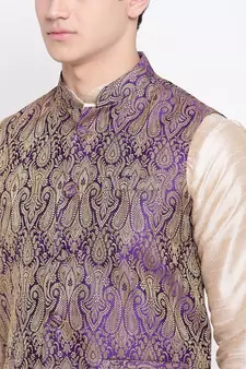 Mag Men's Double Tone Matching Kurta Churidar With  Purple Waiscoat For Men (RG-19457-36)