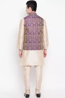 Mag Men's Double Tone Matching Kurta Churidar With  Purple Waiscoat For Men (RG-19457-36)